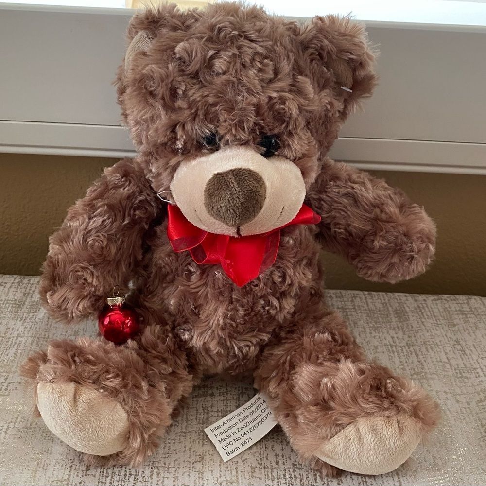 Brown Teddy Bear Soft Plush Stuffed Animal w/Red Ribbon EUC!